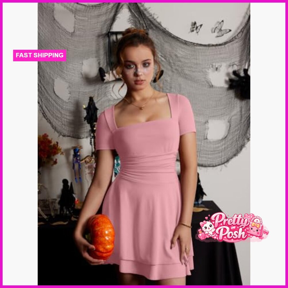 Polyester Blend Square Neck Ruched Mini Dress Sho… - image 6